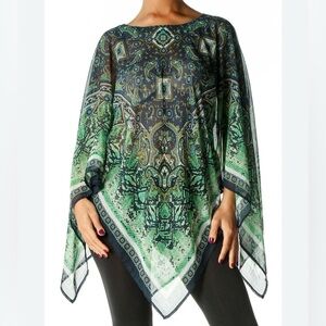 DANA BUCHMAN Resort/Cruise Green& Blue  Medallion/Paisley Lightweight Poncho L